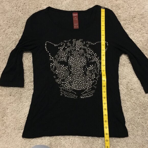 Olsen Europe Metal Studded Big Cat Head Black Shirt - Picture 14 of 15